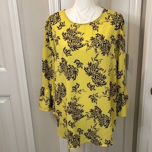 Ces Femme Yellow and Black Floral Blouse Size Large